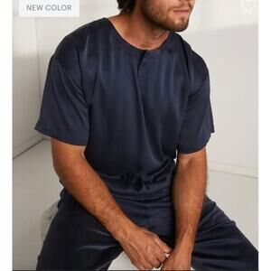 Lunya Lahgo Washable Silk Set Pajamas in Deep Blue Men Large Tee Pants Two Piece